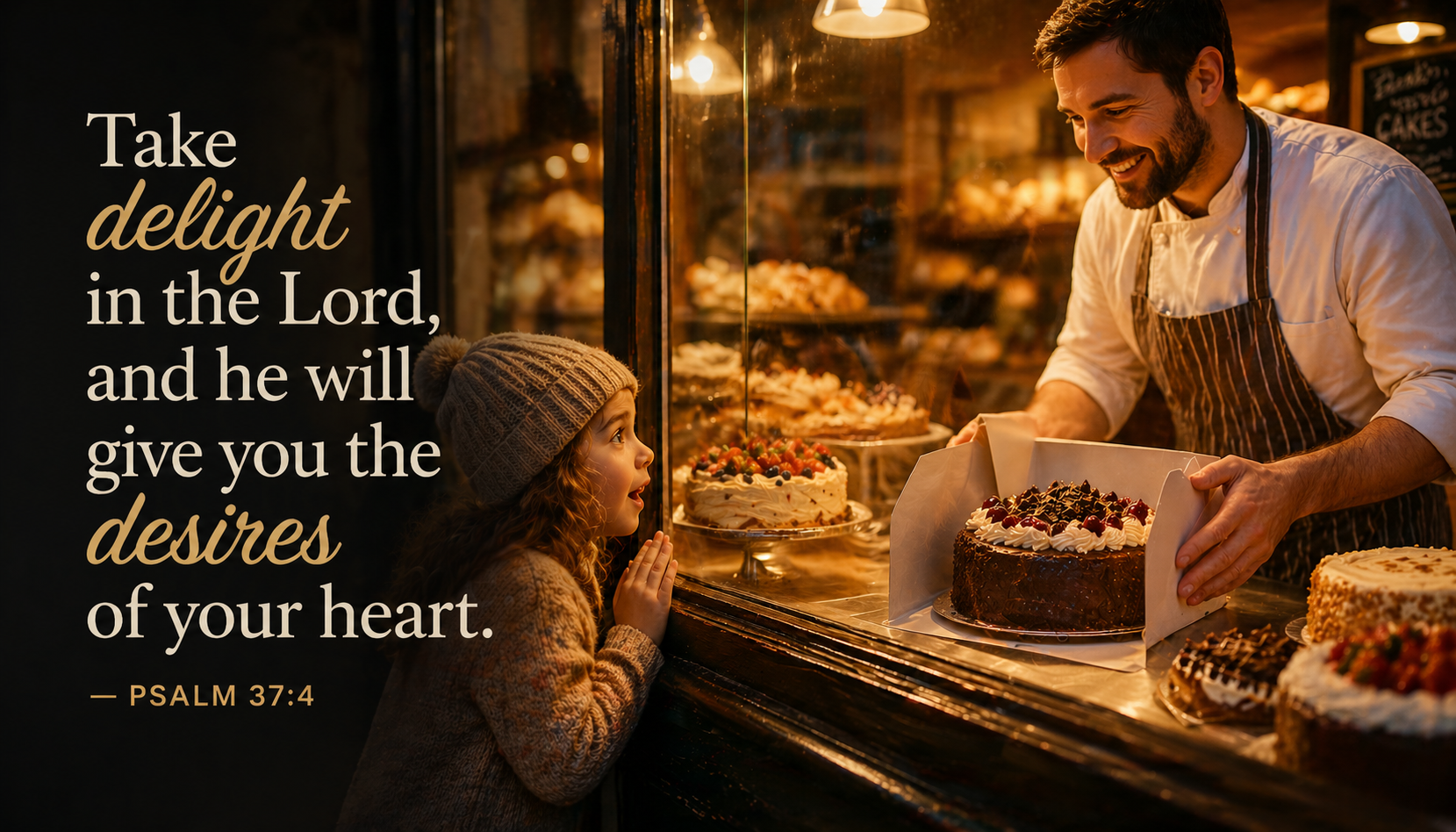 Child face pressed against bakery window with baker boxing cake — Take delight in the Lord desires of your heart Bible verse wallpaper